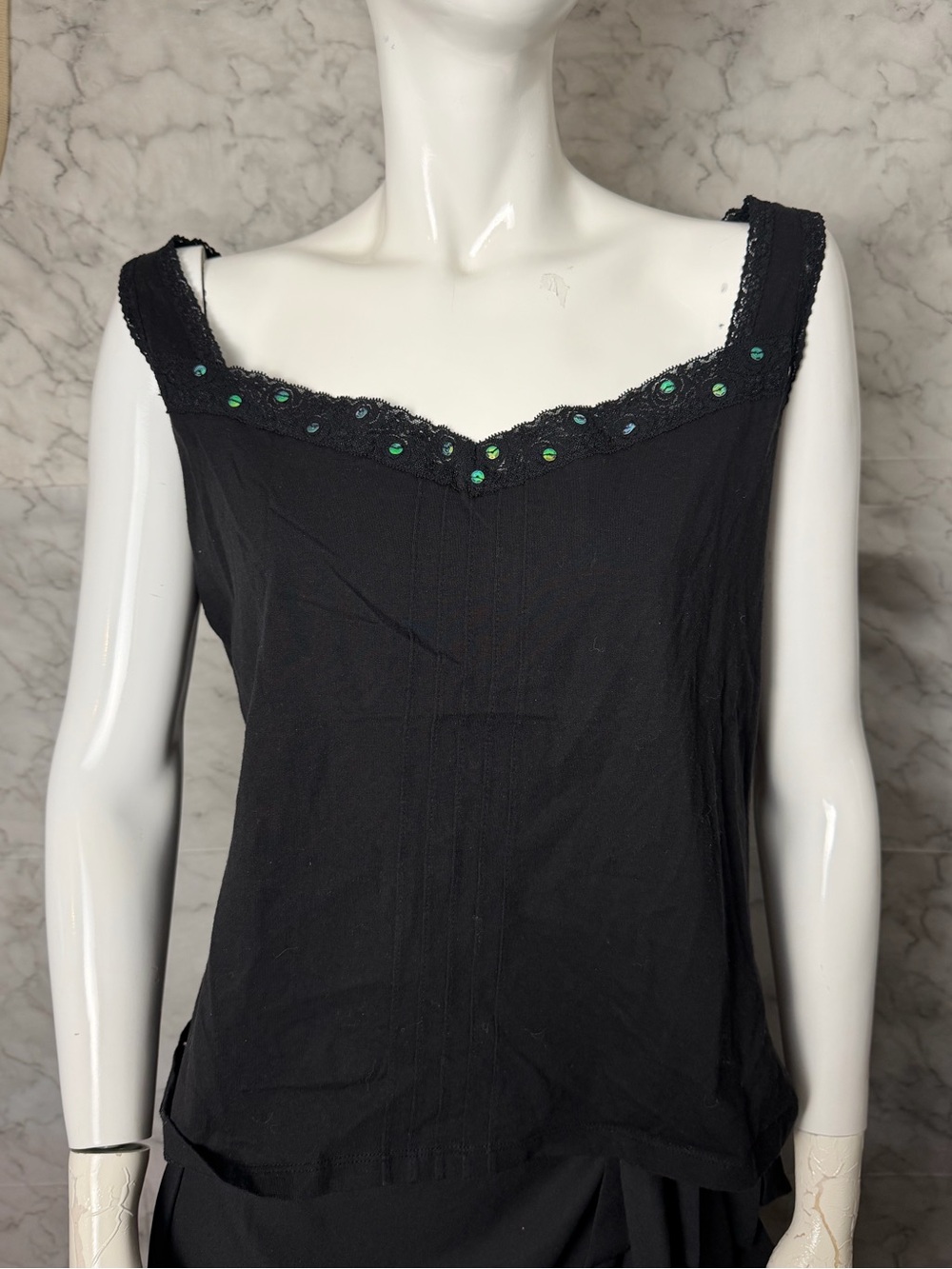 XL Black Lace Sequin Tank Top Y2K Romantic Goth Whimsigoth Layering Sparkle